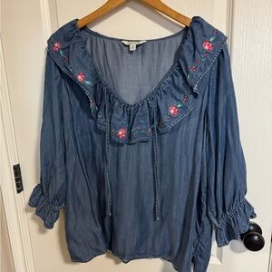 The Pioneer Woman Embroidered Chambray Ruffle Blouse
